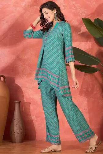 Floral printed mandarin collar tunic & trouser