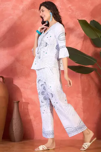 Printed v-neck pure cotton tunic & trouser