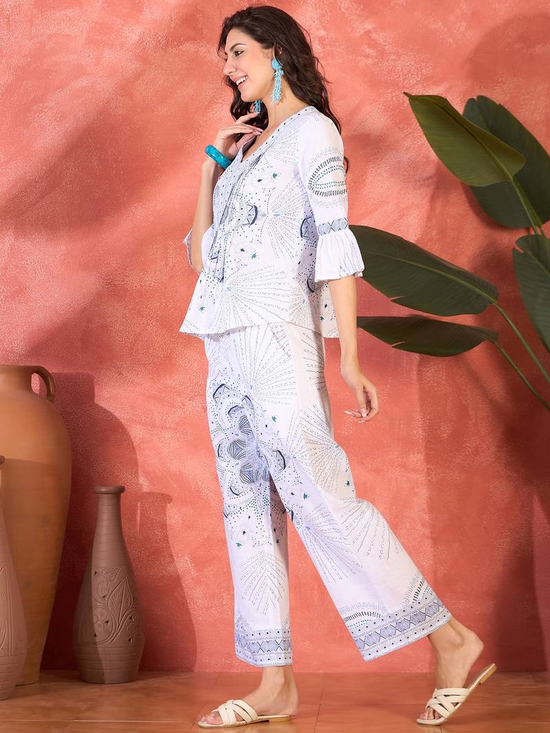 Printed v-neck pure cotton tunic & trouser