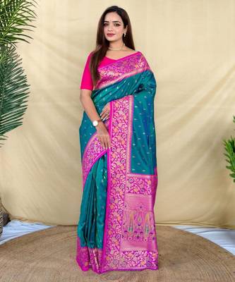 Teal art silk  woven saree 1