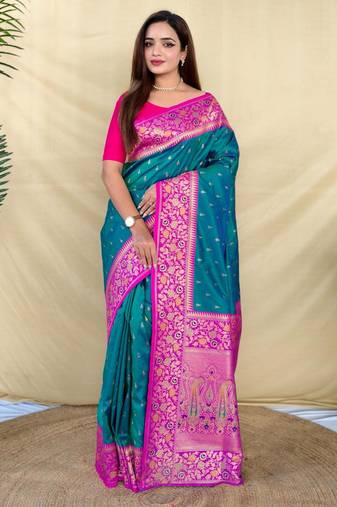 Teal art silk  woven saree