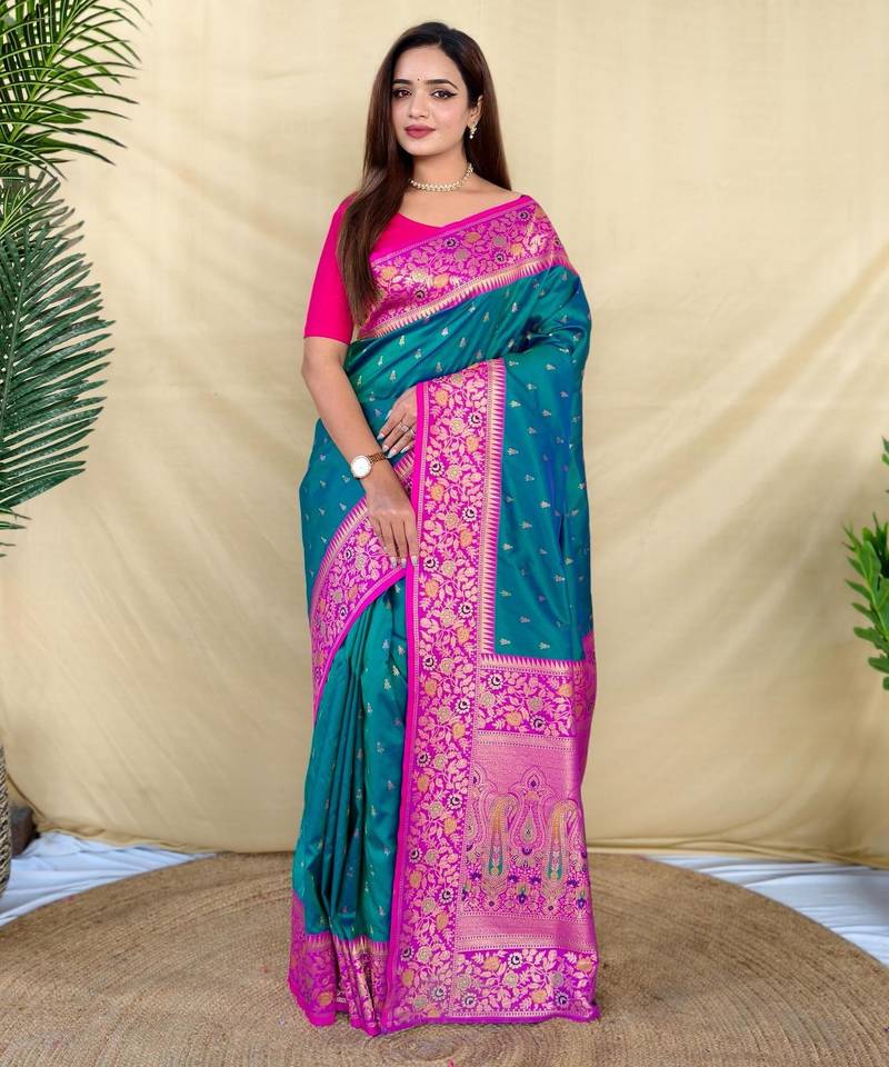 Teal art silk  woven saree