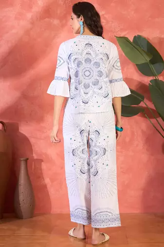 Printed v-neck pure cotton tunic & trouser