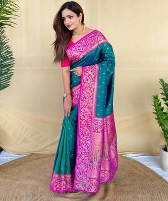 Teal art silk  woven saree 2