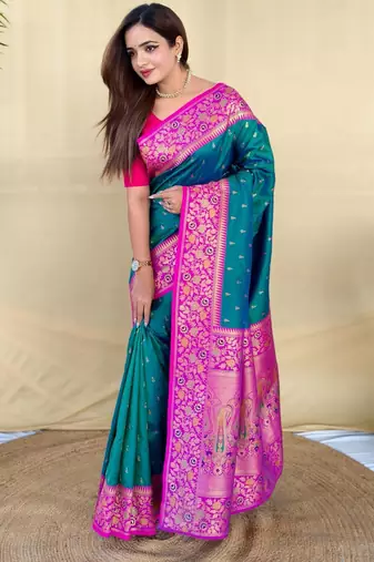 Teal art silk  woven saree