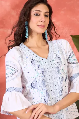 Printed v-neck pure cotton tunic & trouser