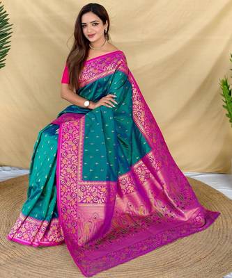Teal art silk  woven saree 4