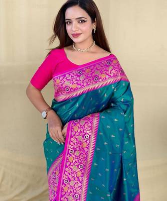 Teal art silk  woven saree 5