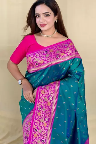 Teal art silk  woven saree