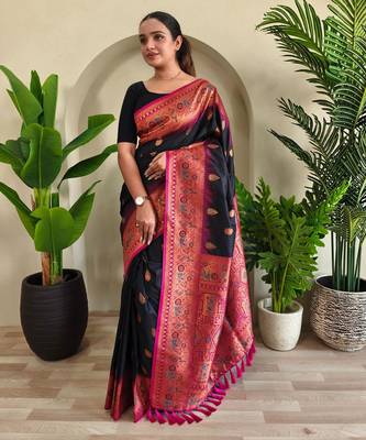 Black art silk  woven saree 1