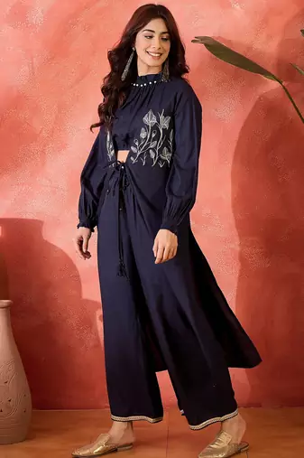 Embroidered shrug crop top with trousers co-ords