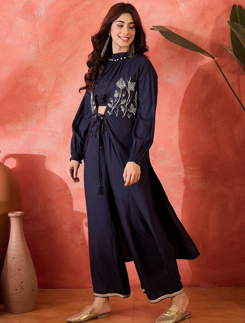 Embroidered shrug crop top with trousers co-ords