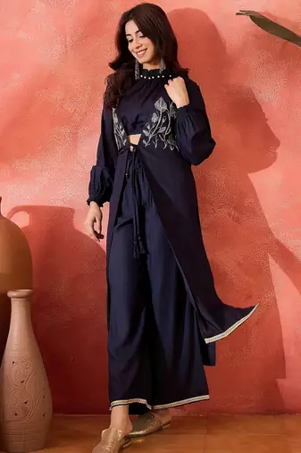 Embroidered shrug crop top with trousers co-ords