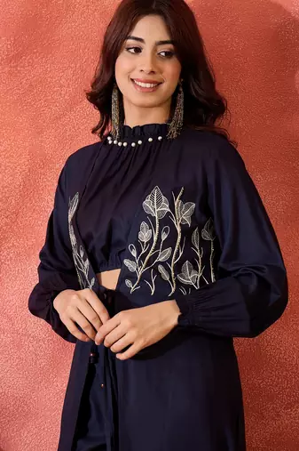 Embroidered shrug crop top with trousers co-ords