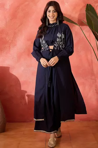 Embroidered shrug crop top with trousers co-ords