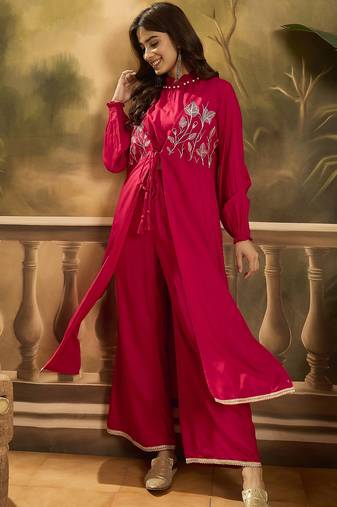 Embroidered shrug crop top with trousers co-ords