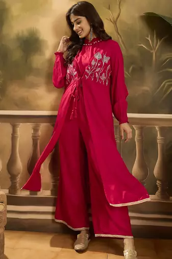 Embroidered shrug crop top with trousers co-ords