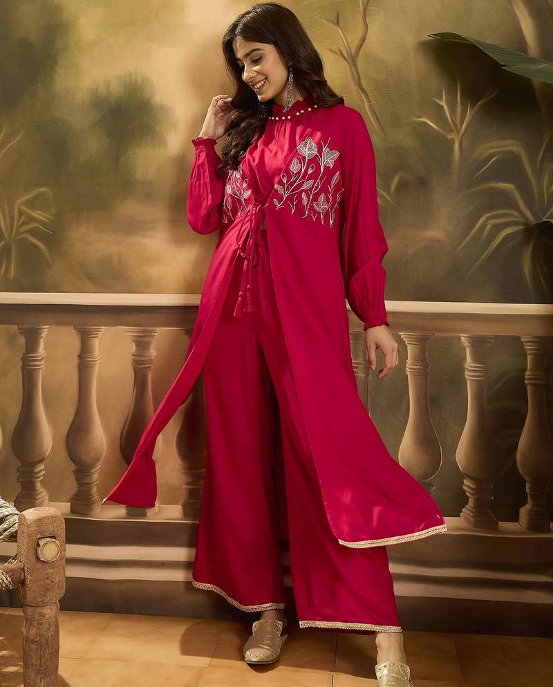 Embroidered shrug crop top with trousers co-ords