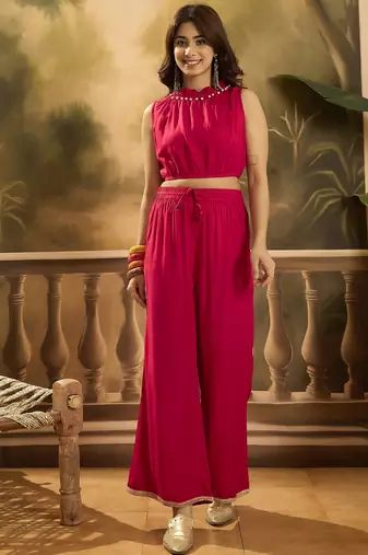 Embroidered shrug crop top with trousers co-ords