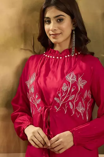 Embroidered shrug crop top with trousers co-ords