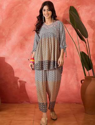 Embroidered v-neck tunic & trousers co-ords 1