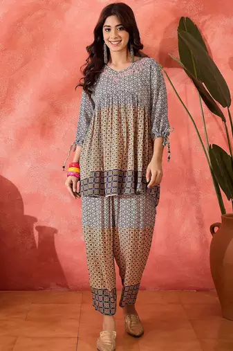 Embroidered v-neck tunic & trousers co-ords