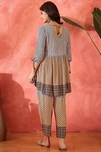Embroidered v-neck tunic & trousers co-ords