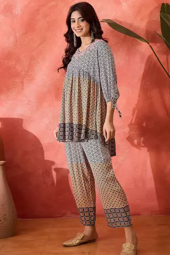 Embroidered v-neck tunic & trousers co-ords