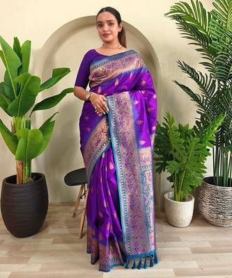 Purple art silk  woven saree 1