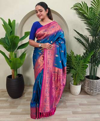 Teal art silk  woven saree 1
