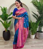 Teal art silk  woven saree