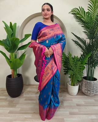 Teal art silk  woven saree 2