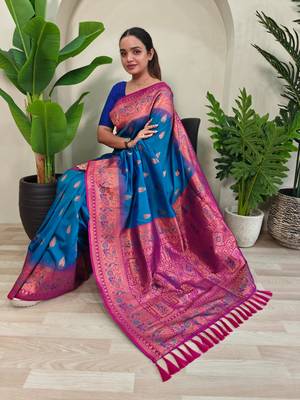 Teal art silk  woven saree 4