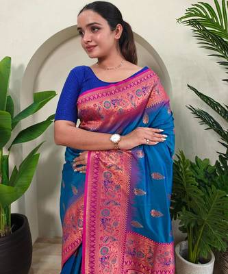 Teal art silk  woven saree 5