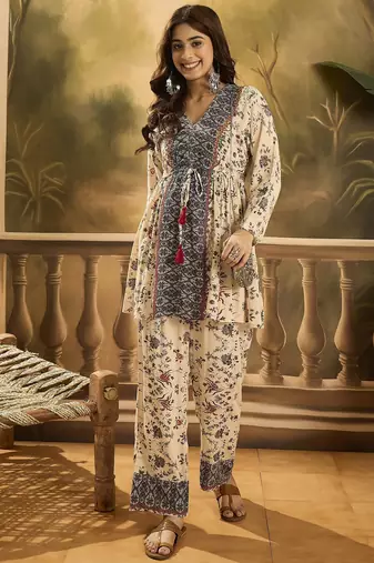 Floral printed v-neck tunic & trousers co-ord set