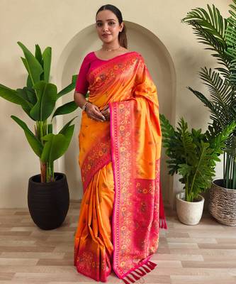 Yellow art silk  woven saree 1