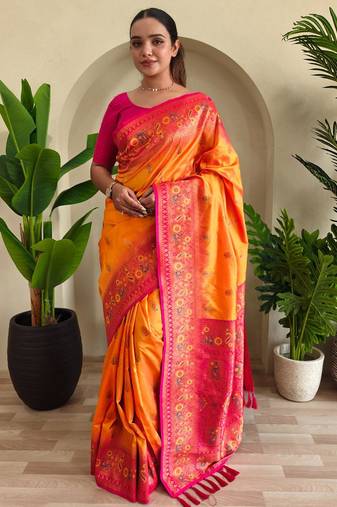 Yellow art silk  woven saree