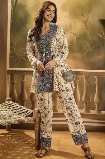 Floral printed v-neck tunic & trousers co-ord set