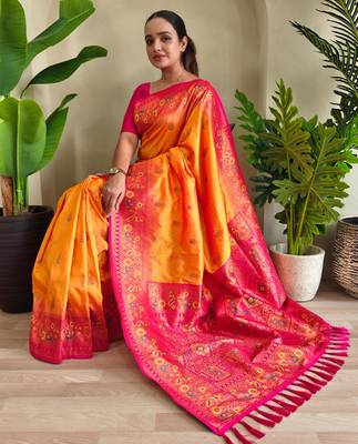 Yellow art silk  woven saree 4