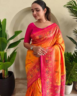 Yellow art silk  woven saree 5