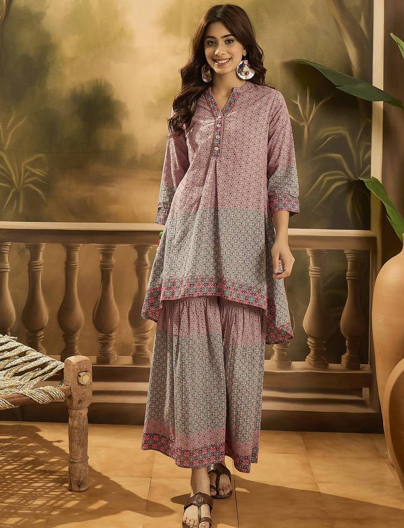 Printed pure cotton top with trouser co-ords