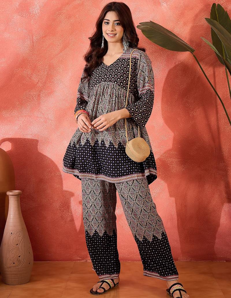 Printed v-neck top with trouser co-ords