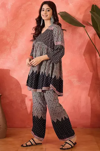 Printed v-neck top with trouser co-ords