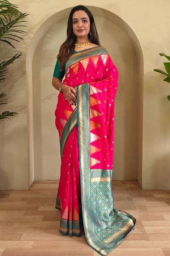 Hot pink art silk  woven saree