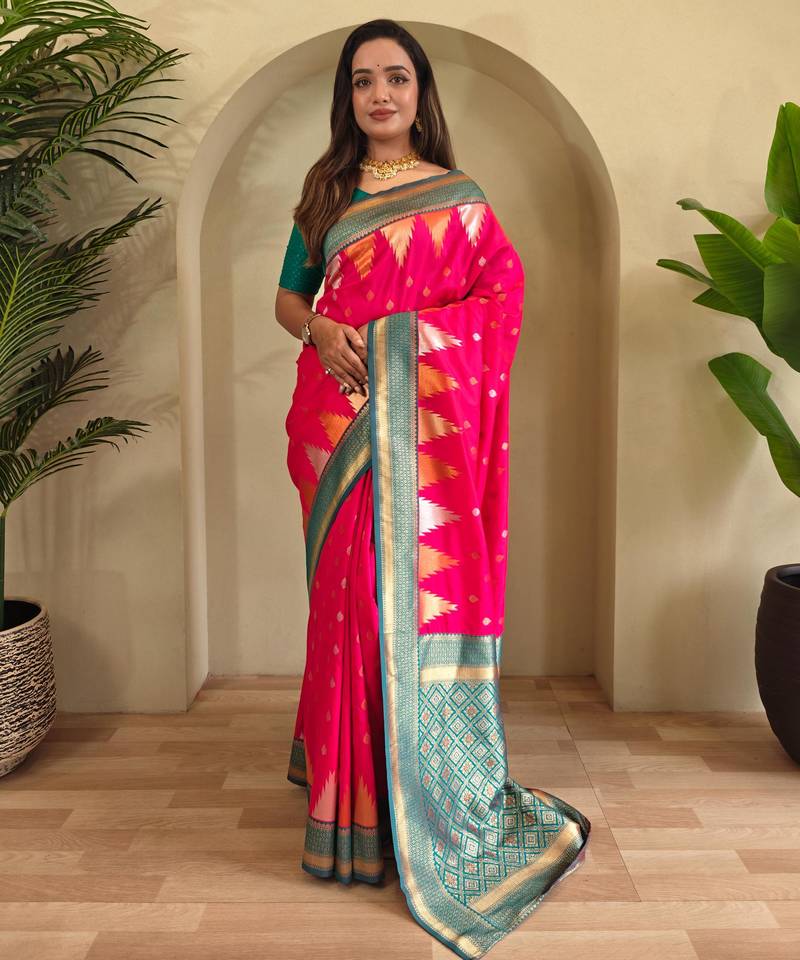 Hot pink art silk  woven saree