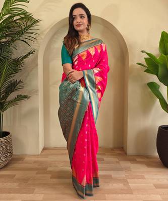 Hot pink art silk  woven saree 2
