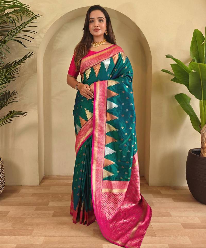 Teal art silk  woven saree