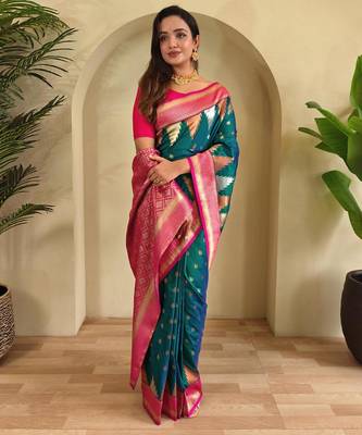 Teal art silk  woven saree 2