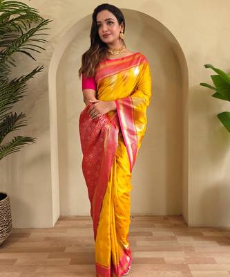 Yellow art silk  woven saree 2