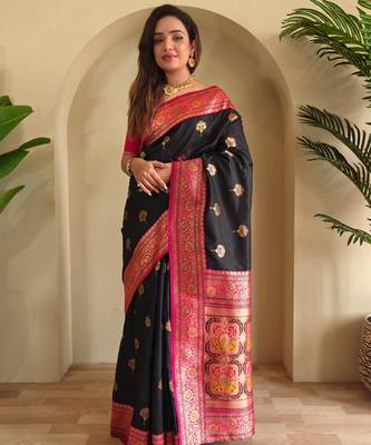 Black art silk  woven saree 1